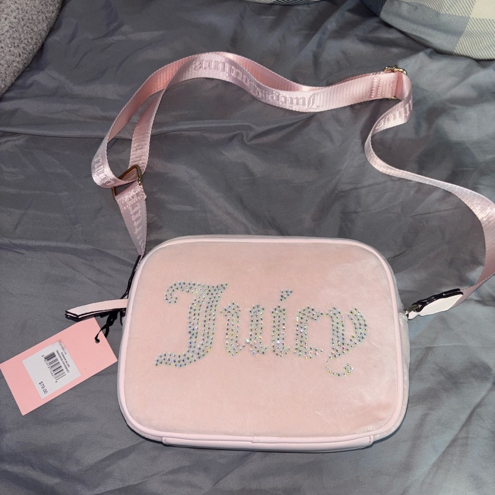 Juicy Couture Light Pink Velvet Crossbody with Crystal 'Juicy' Logo